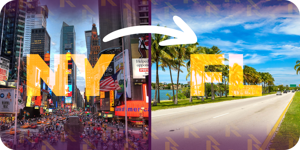 Split image of New York City and Florida showcasing a seamless transition for car shipping between the two states.