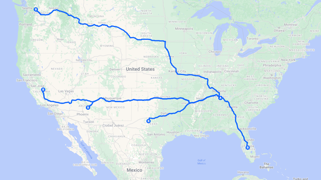 Most popular to and from Tennessee routes for car shipping, auto transport routes