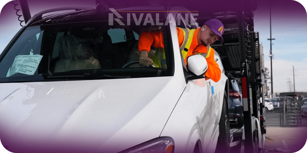 Car shipping professional securing a vehicle on a transport truck during pickup for auto transport services.
