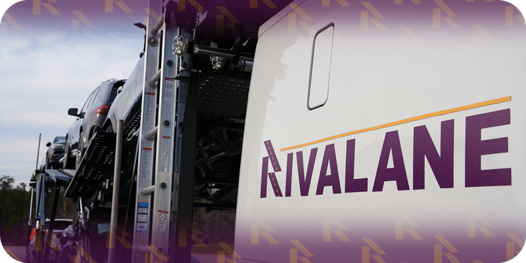 Rivalane branded open car carrier loaded with vehicles